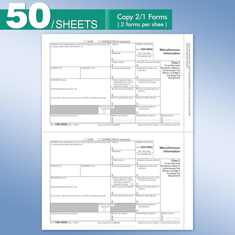 Yeplan 1099 Misc Forms 2025 with Envelopes, 50 2025 1099 Misc Tax Forms, 4 Part, with 50 Self Seal Envelopes with 3 1096 Included - Image 4